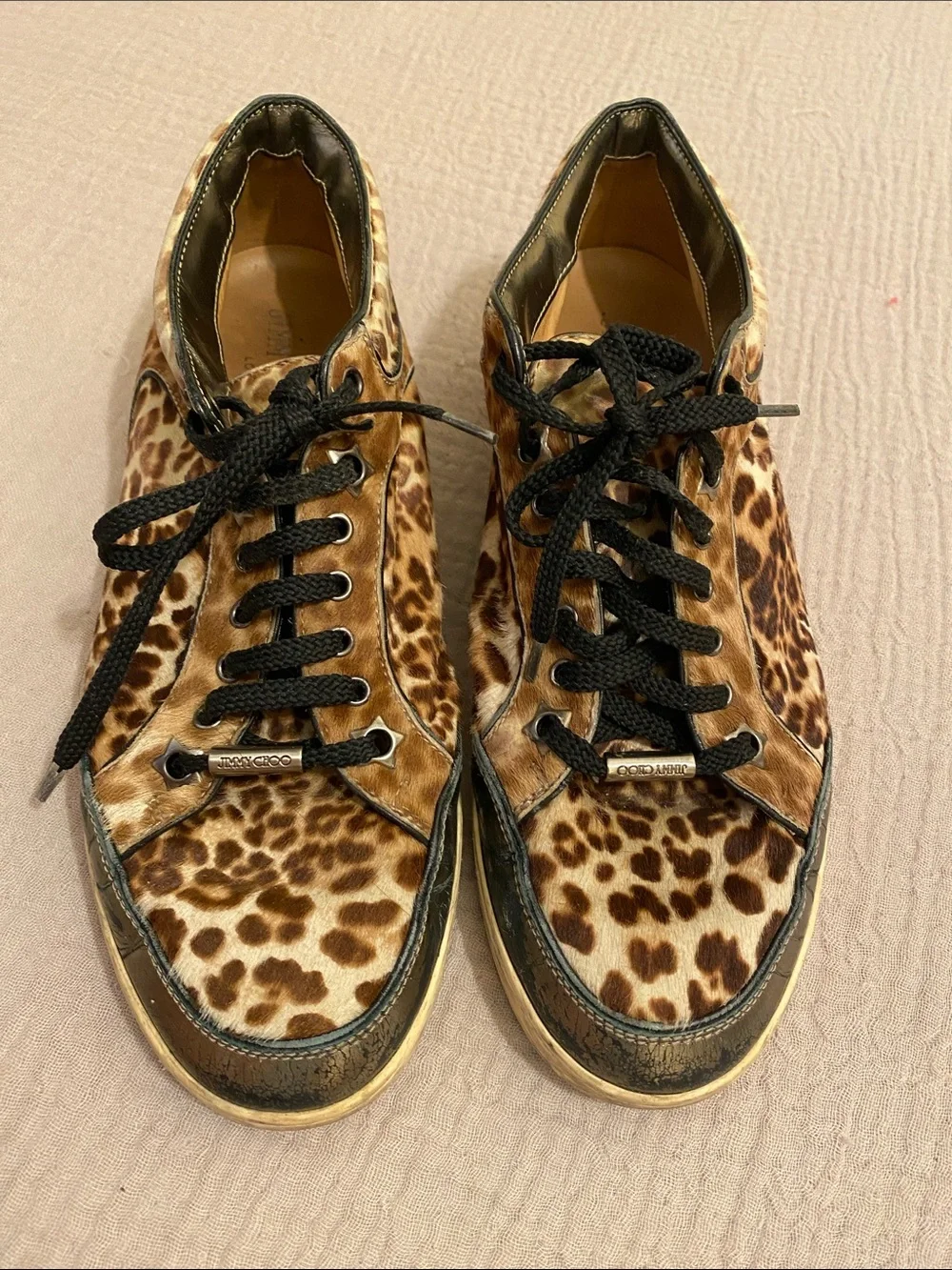 ImmJIMMY CHOO Leopard Print Leather Lace-Up Sneakers - Designer Style. Size 37.5